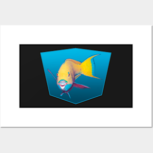 Colorful parrotfish | Blue background | Posters and Art